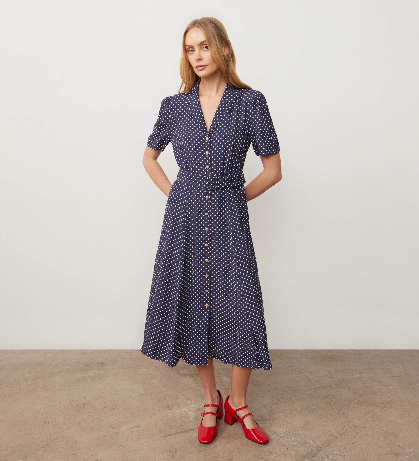 Zara Navy Spot Satin Midi Shirt Dress