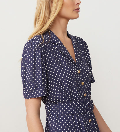 Zara Navy Spot Satin Midi Shirt Dress