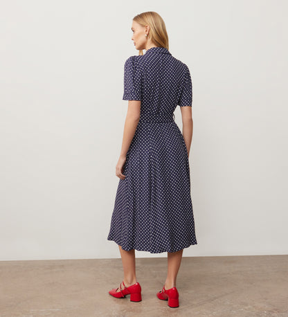 Zara Navy Spot Satin Midi Shirt Dress