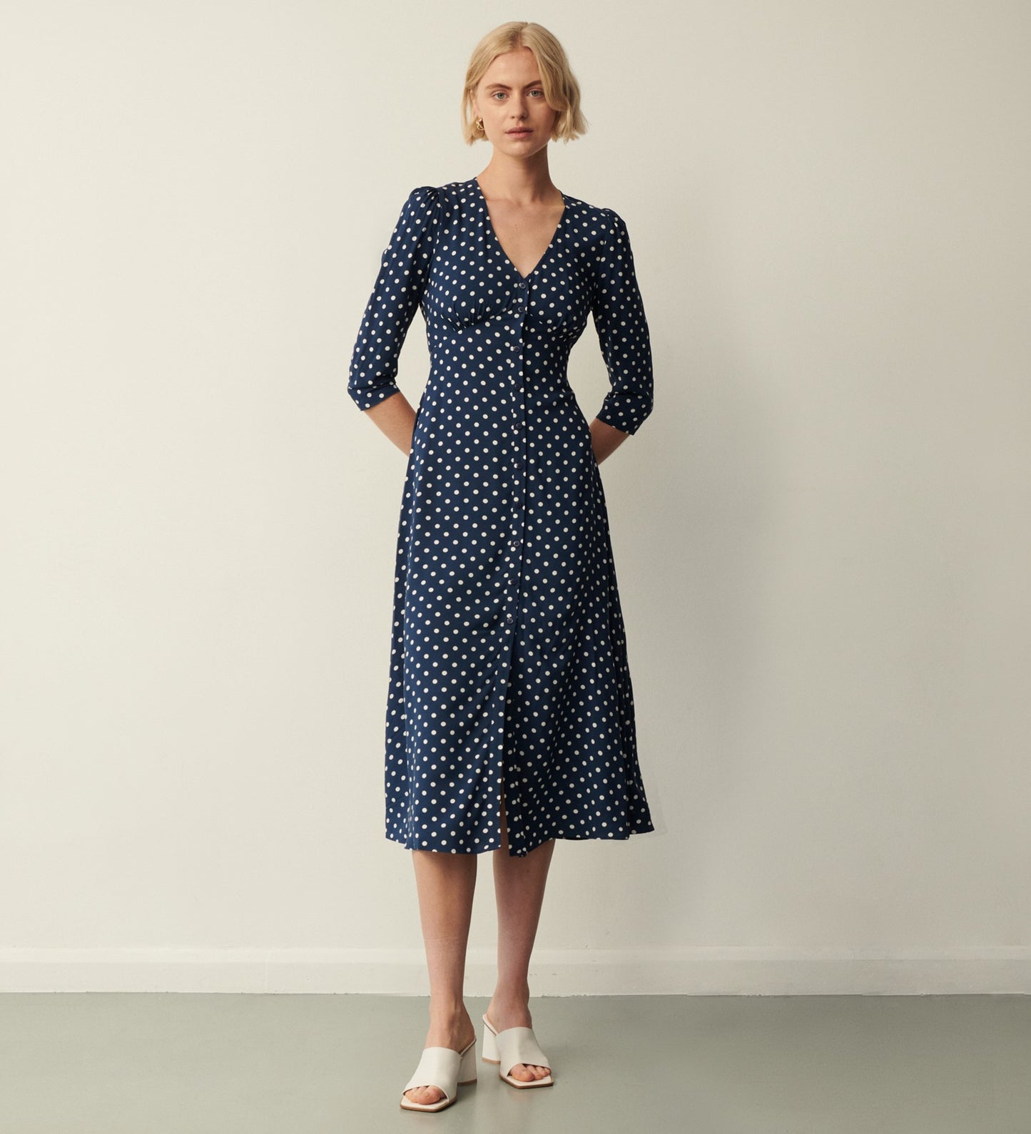 Cindy Navy Polka Dot Midi Dress