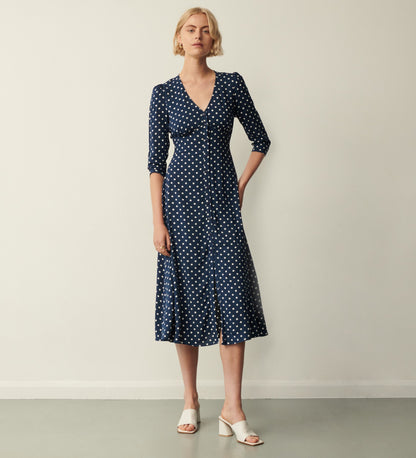 Cindy Navy Polka Dot Midi Dress