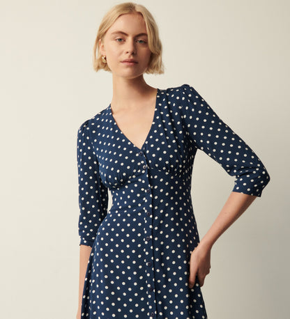 Cindy Navy Polka Dot Midi Dress