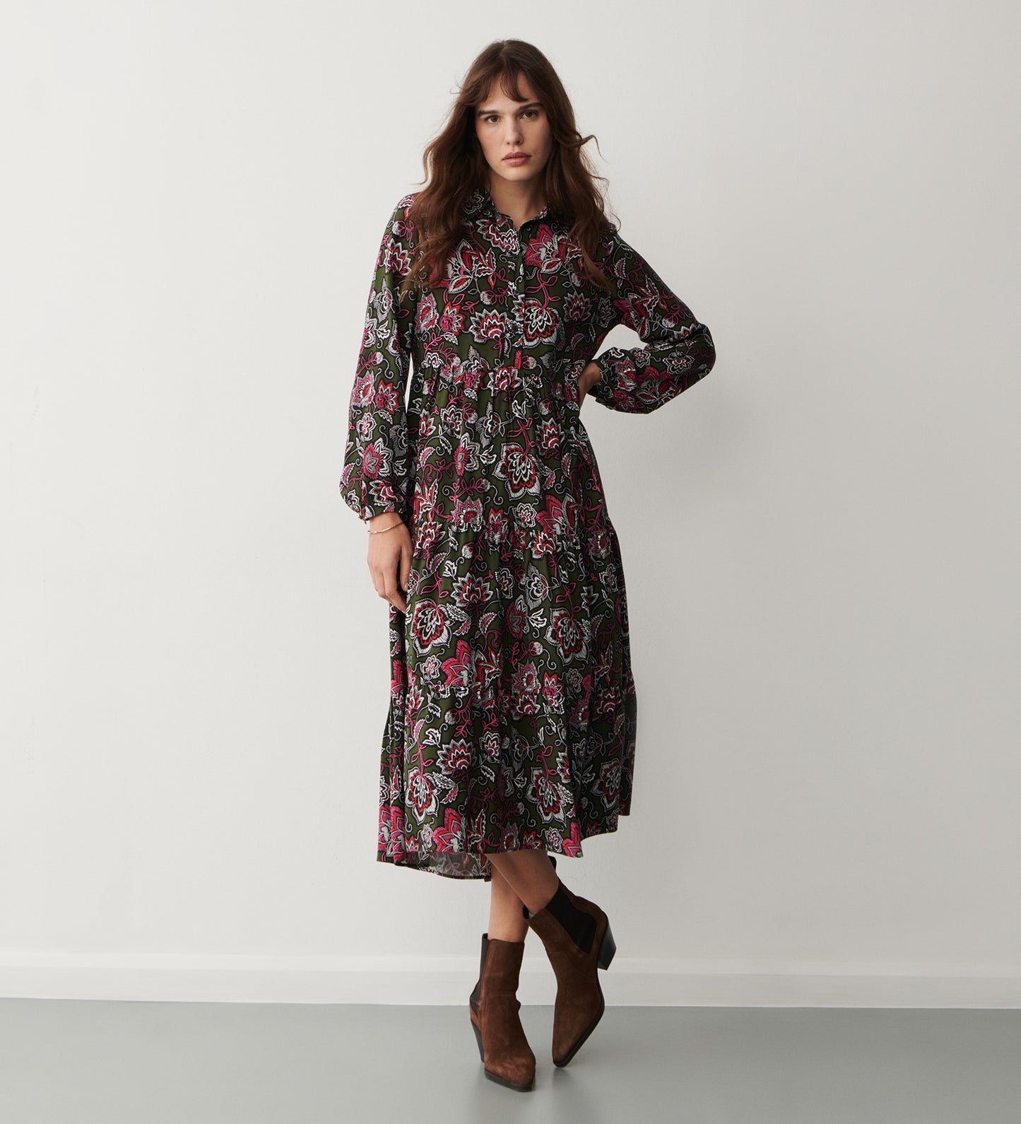 Kalia Green Folk Midi Dress