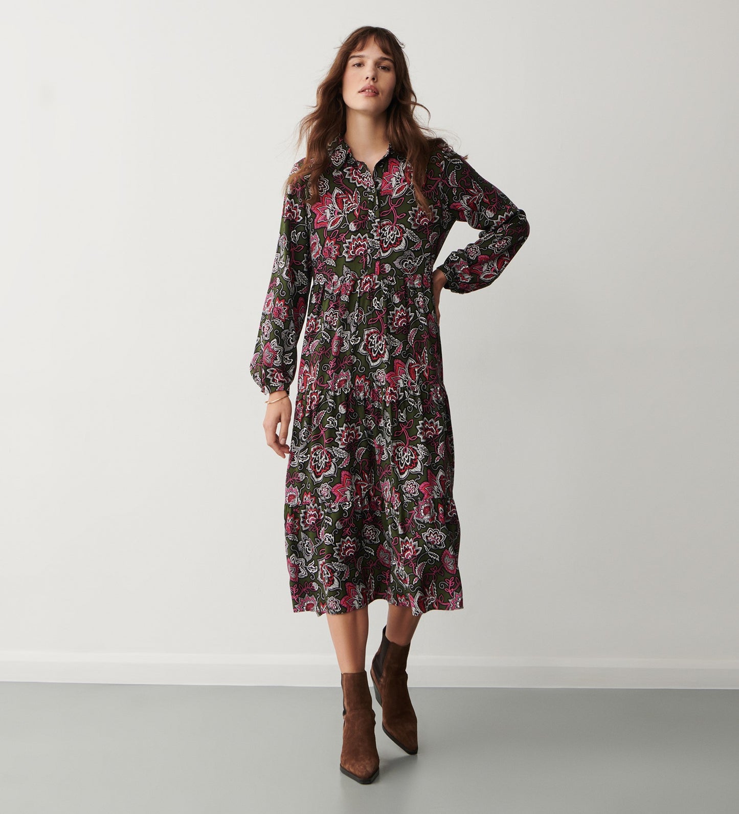 Kalia Green Folk Midi Dress