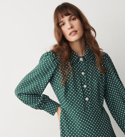 Rosa Green Polka Dot Crepe Midi Dress