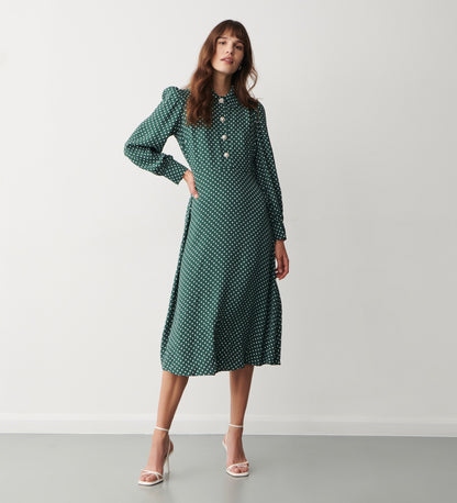 Rosa Green Polka Dot Crepe Midi Dress