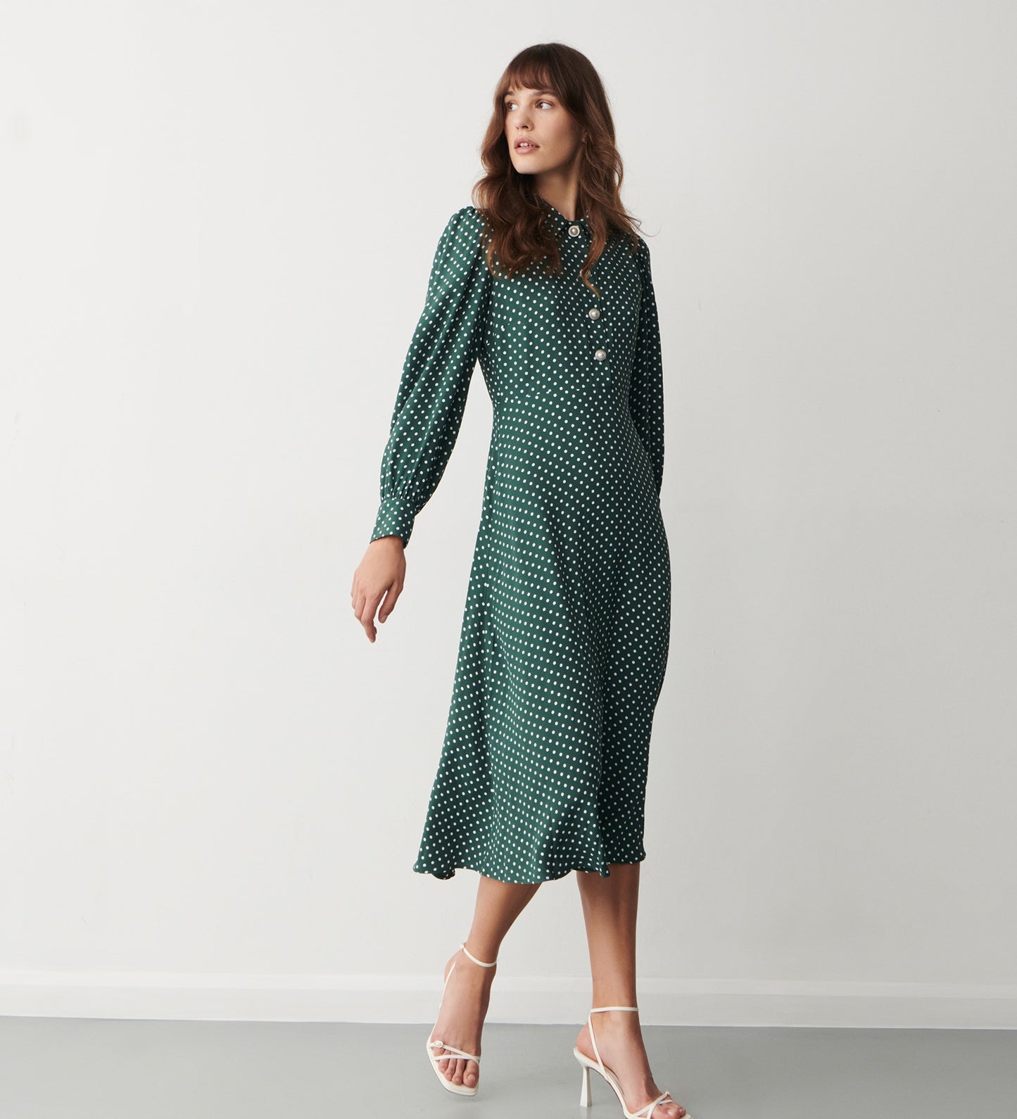 Rosa Green Polka Dot Crepe Midi Dress