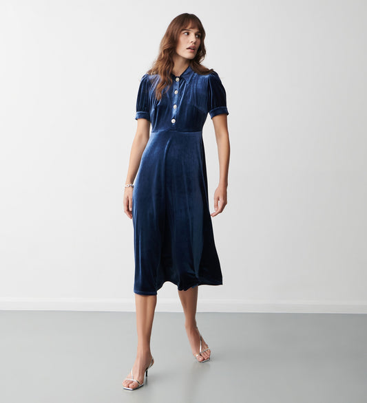 Judie Midnight Navy Velvet Midi Dress