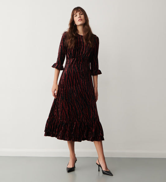 Rosaline Burgundy Zebra Velvet Midi Dress