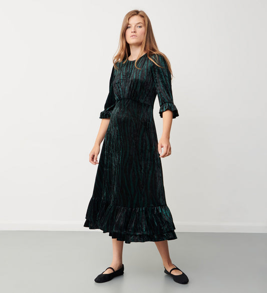 Rosaline Green Zebra Velvet Midi Dress