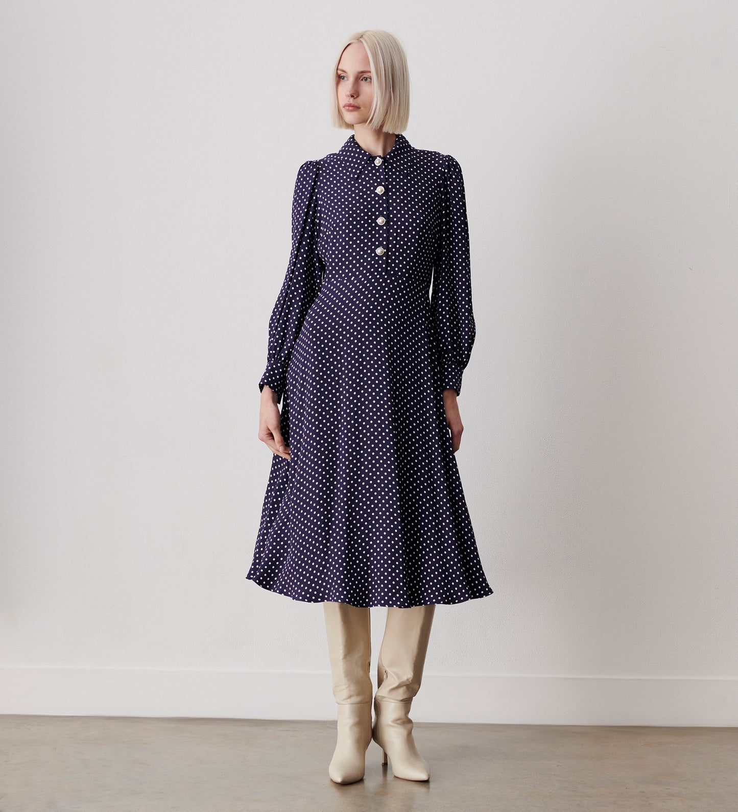 Rosa Navy Polka Dot Midi Shirt Dress