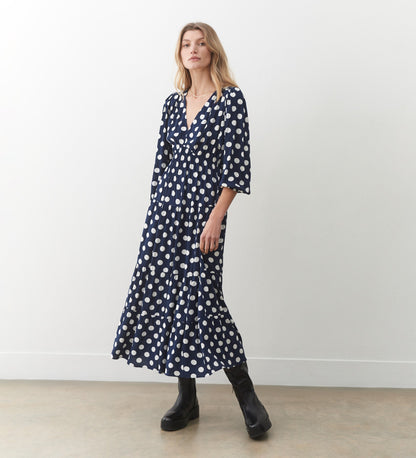 Maria Navy Spot Midi Dress