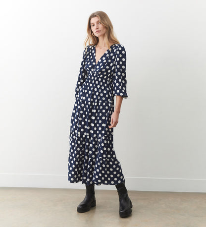 Maria Navy Spot Midi Dress