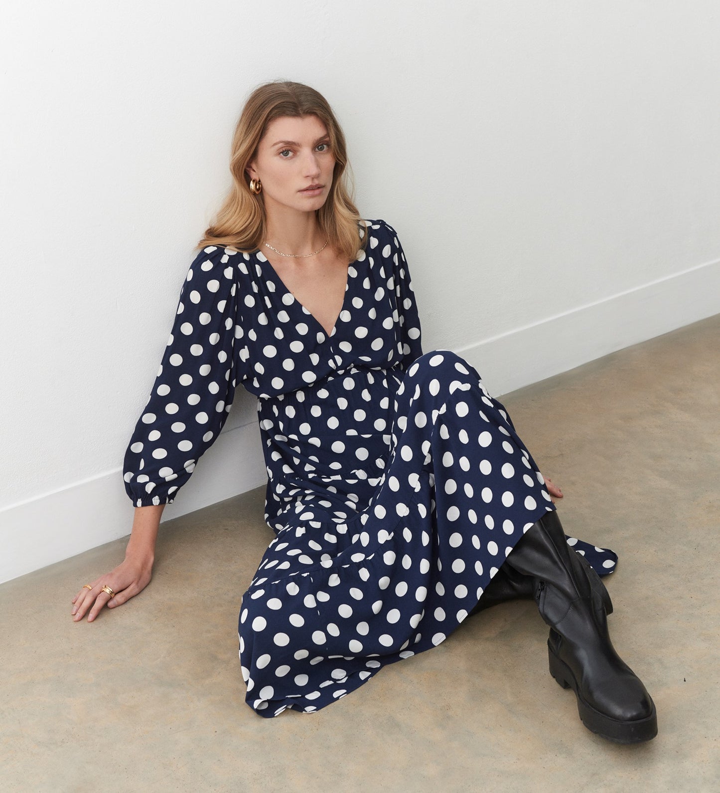 Maria Navy Spot Midi Dress