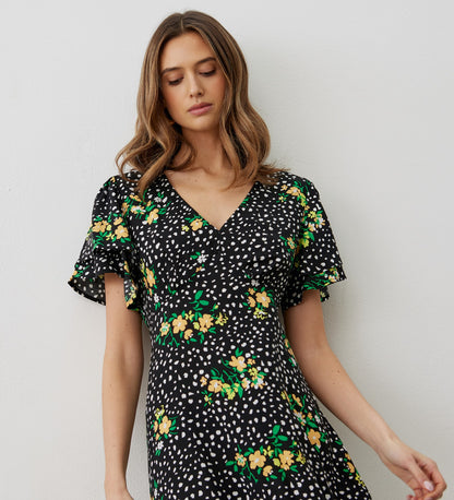 Saskia Black Floral Midi Dress