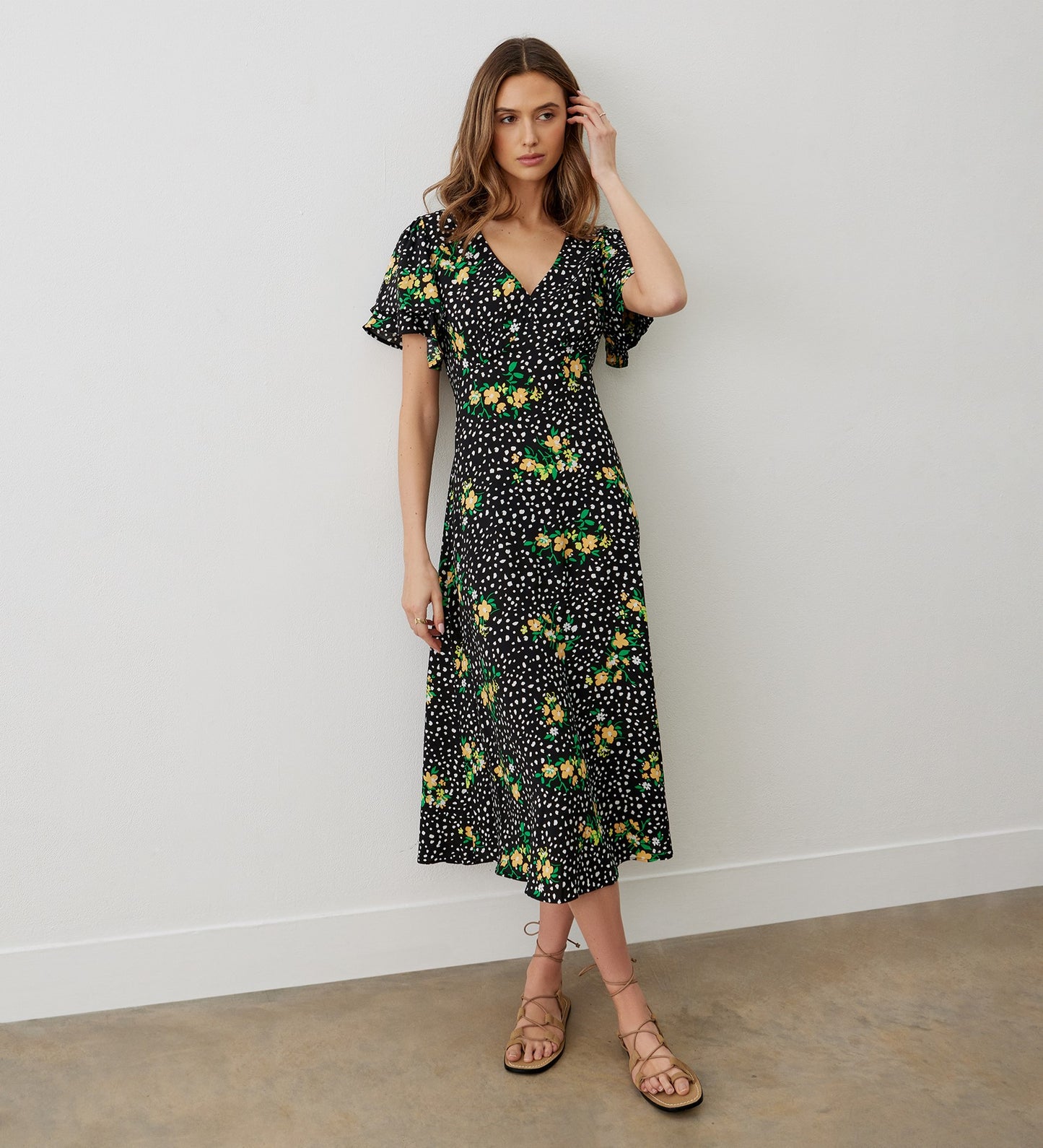 Saskia Black Floral Midi Dress