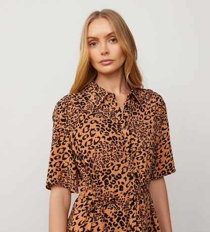 Zara Brown Animal Print Midi Shirt Dress