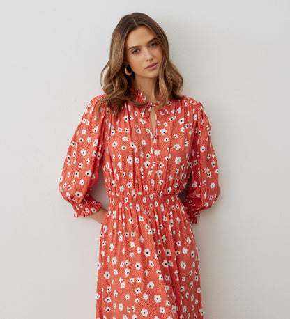 Agyness Orange Daisy Midi Dress