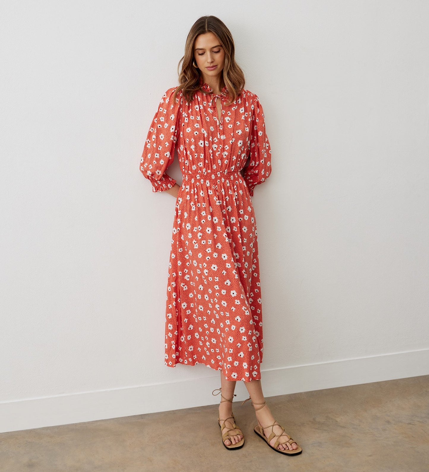 Agyness Orange Daisy Midi Dress