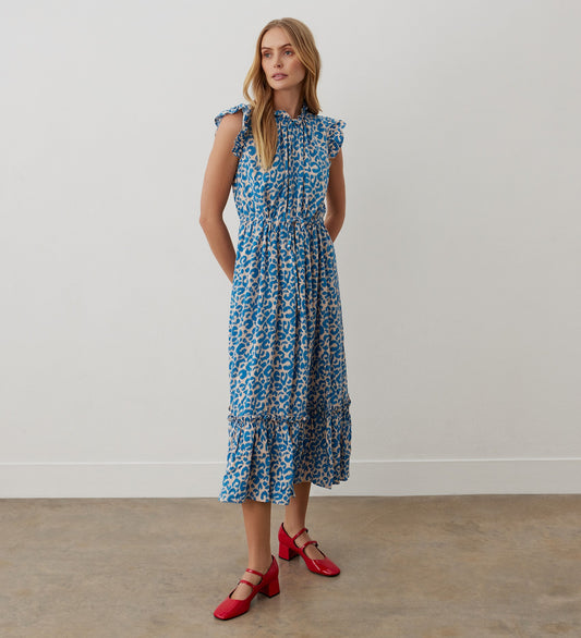 Hannah Blue Leopard Midi Dress