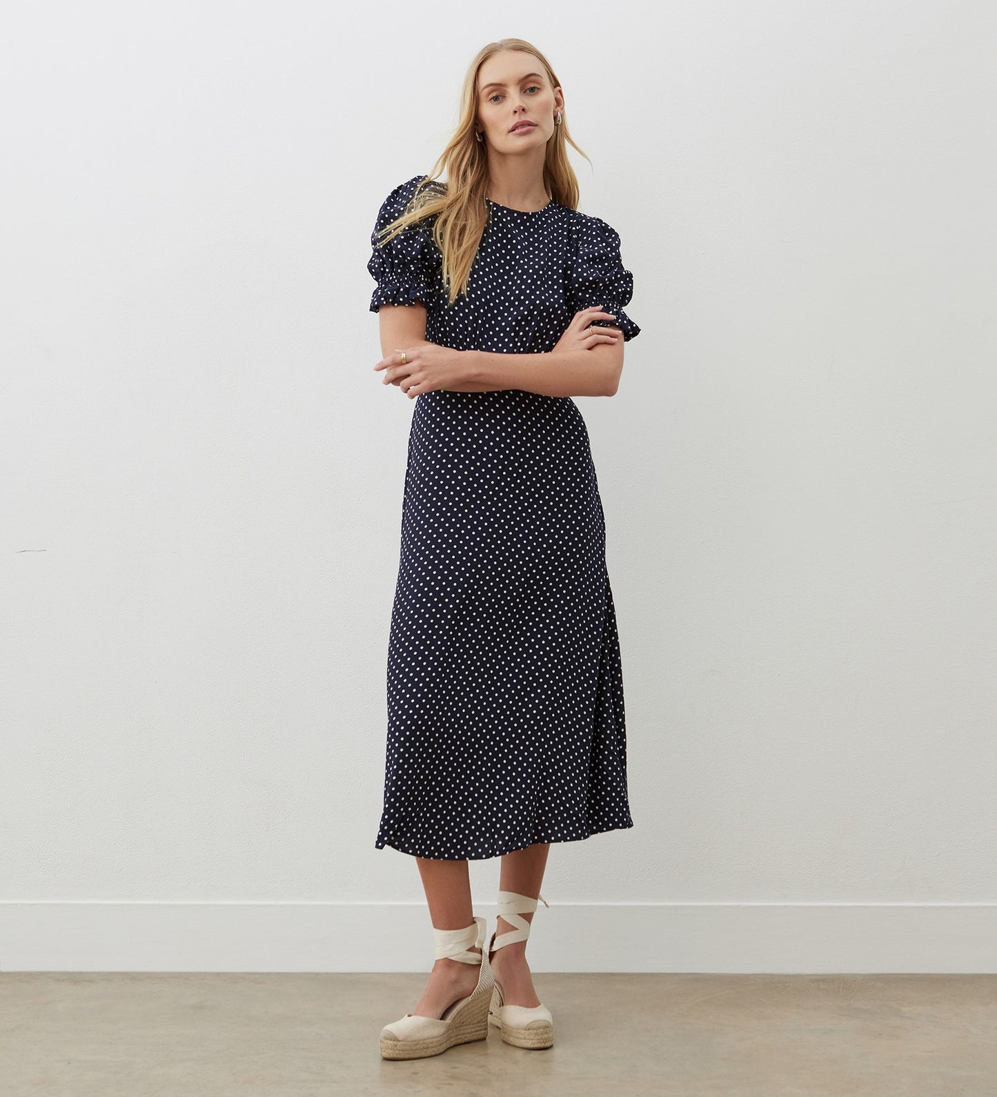 Mela Navy Polka Dot Crepe Midi Dress