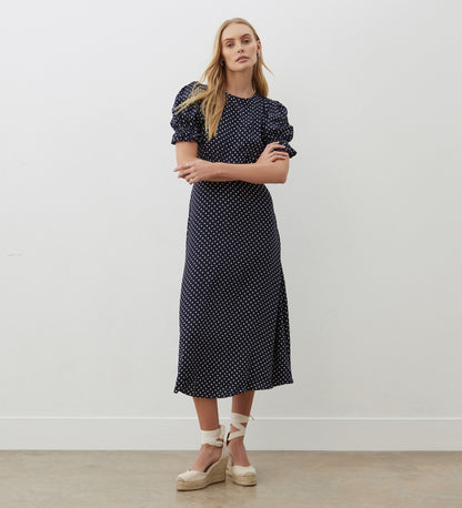 Mela Navy Polka Dot Crepe Midi Dress