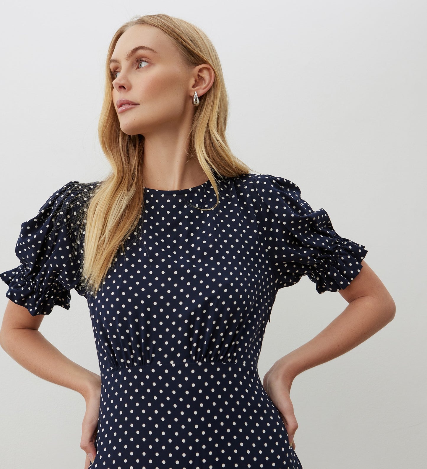 Mela Navy Polka Dot Crepe Midi Dress