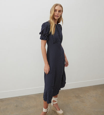 Mela Navy Polka Dot Crepe Midi Dress