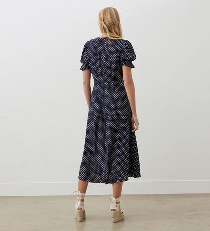 Mela Navy Polka Dot Crepe Midi Dress