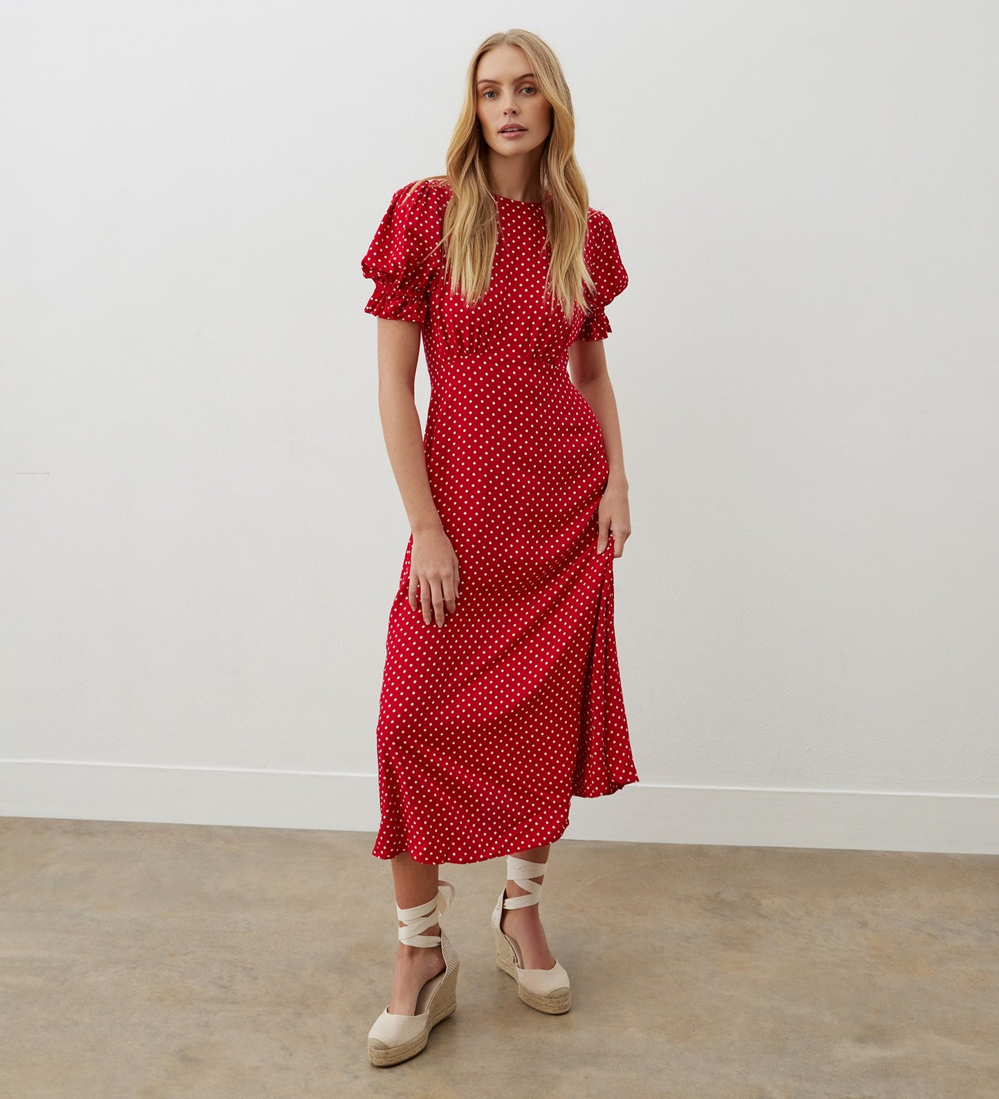 Mela Red Polka Dot Crepe Midi Dress