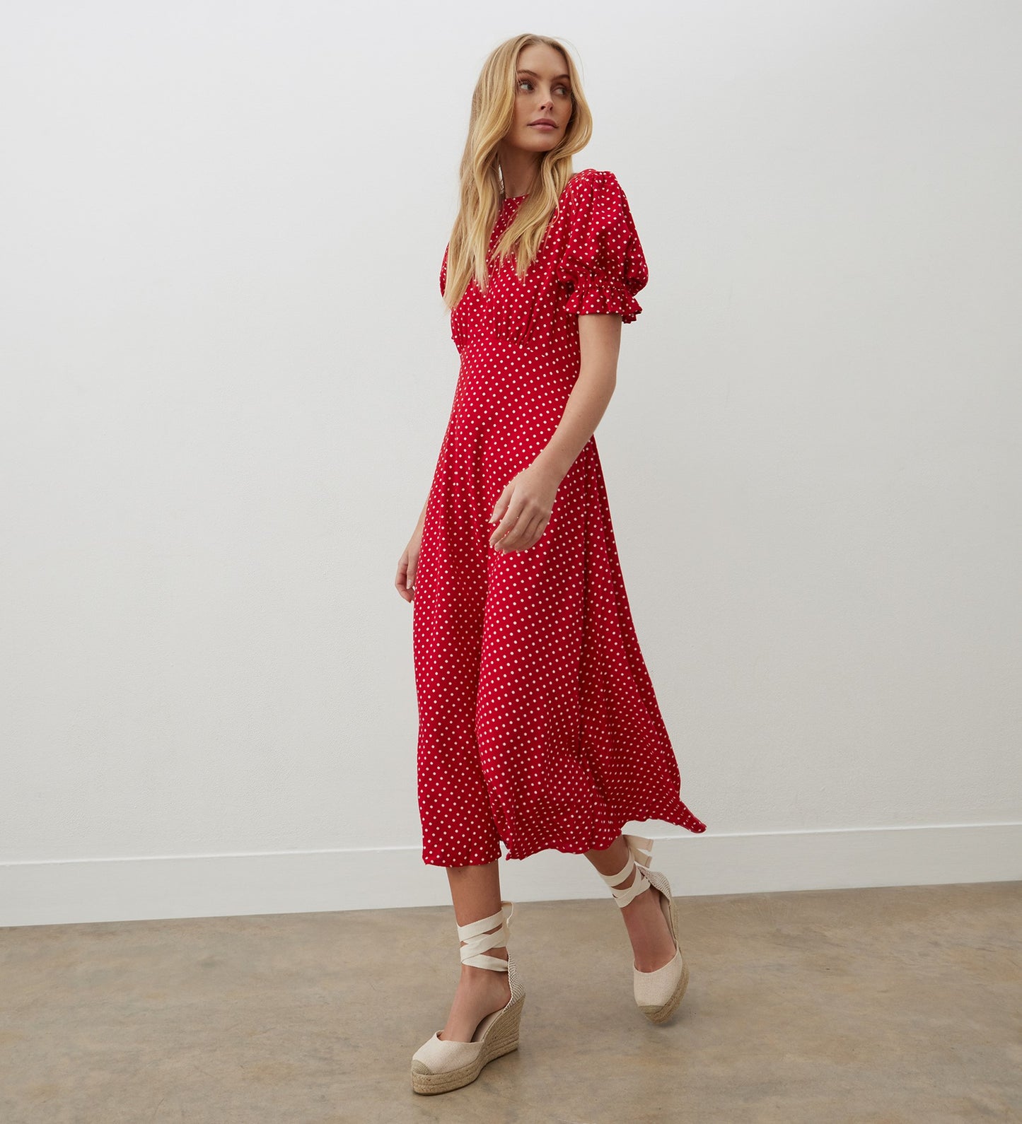 Mela Red Polka Dot Crepe Midi Dress