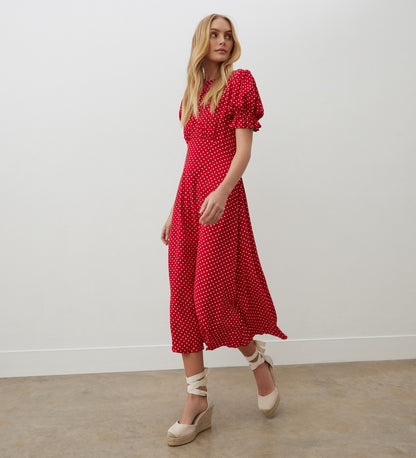 Mela Red Polka Dot Crepe Midi Dress