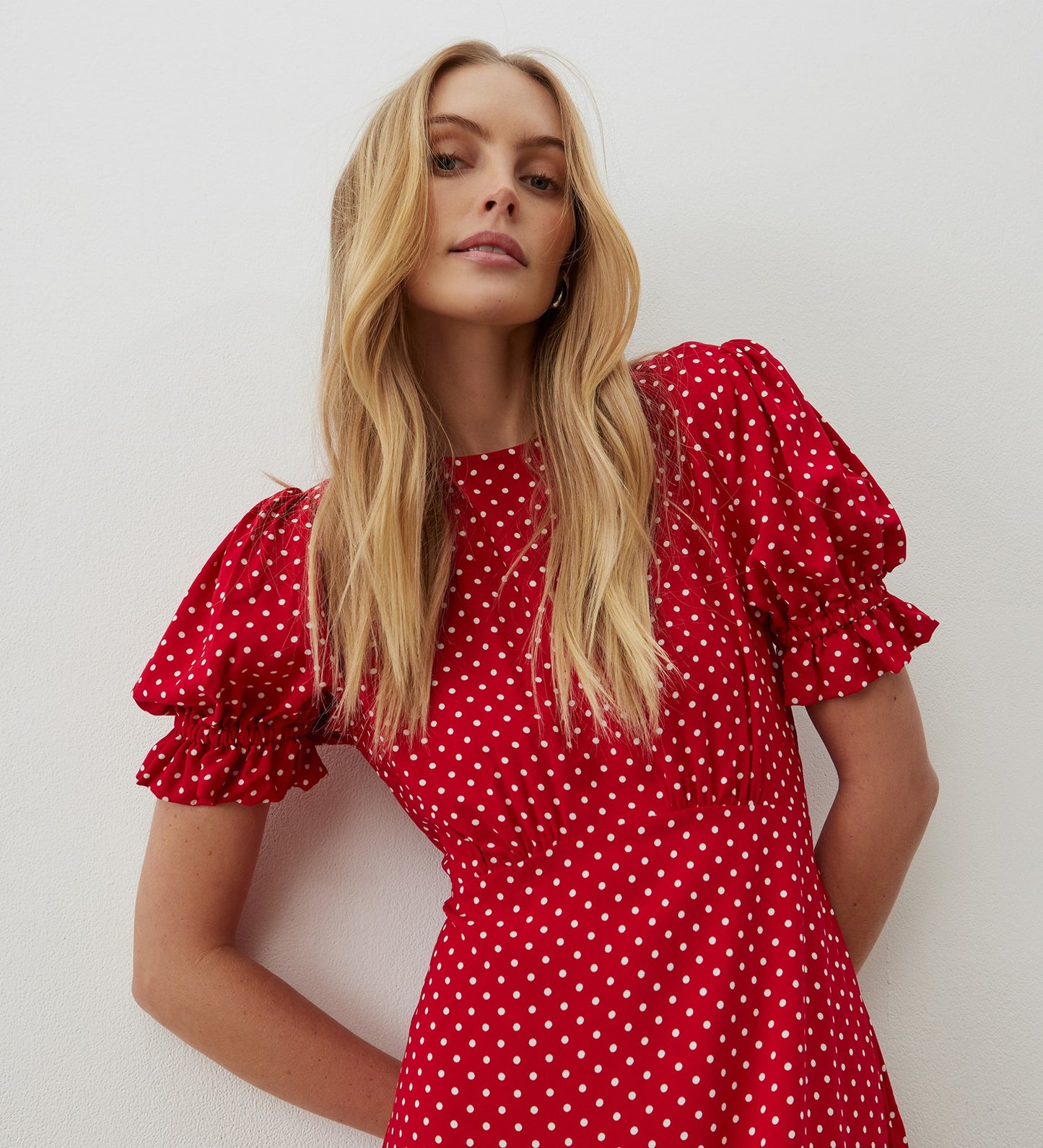 Mela Red Polka Dot Crepe Midi Dress