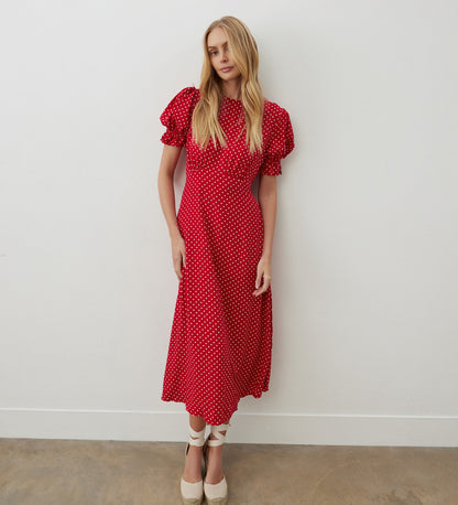 Mela Red Polka Dot Crepe Midi Dress