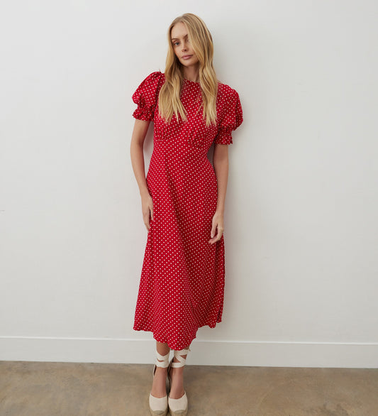 Mela Red Spot Crepe Midi Dress