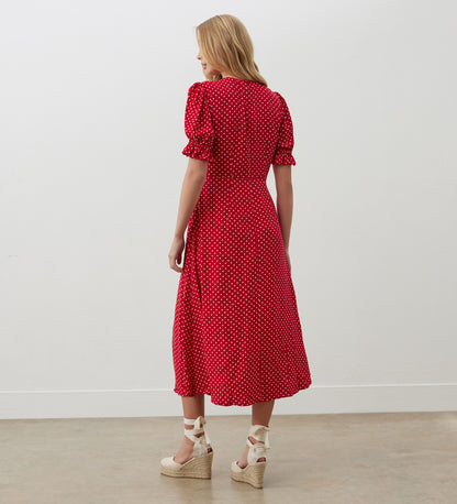 Mela Red Polka Dot Crepe Midi Dress