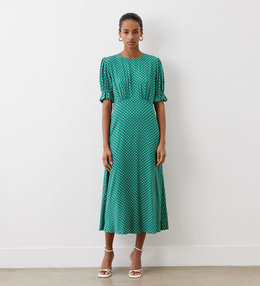 Mela Green Spot Crepe Midi Dress