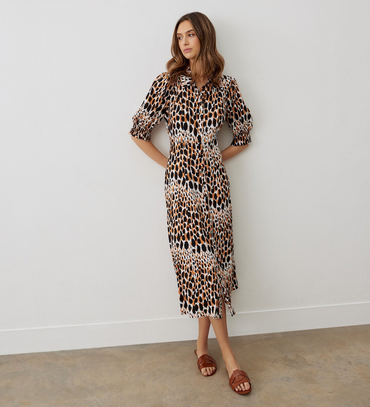 Ayla Brown Leopard Midi Shirt Dress