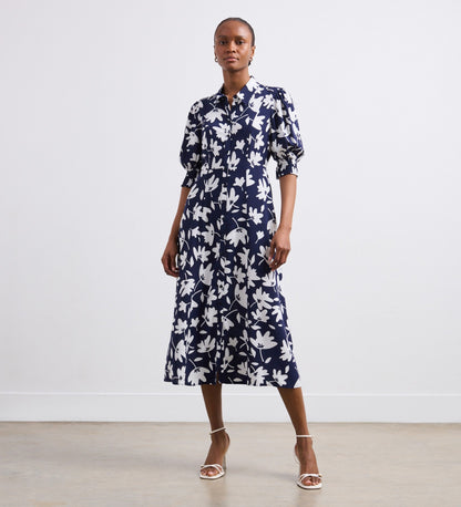 Ayla Navy Leaves Midi Shirt Dress