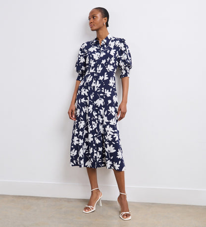 Ayla Navy Leaves Midi Shirt Dress