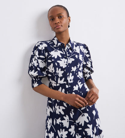 Ayla Navy Leaves Midi Shirt Dress