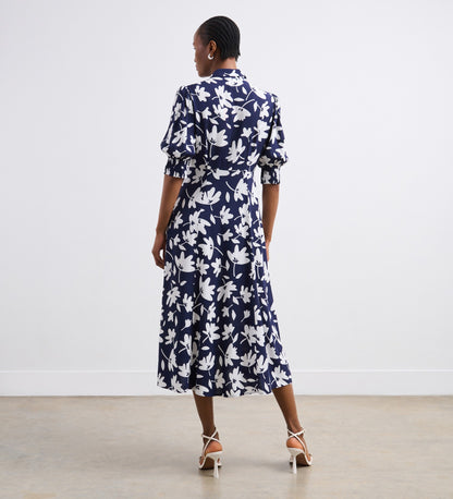 Ayla Navy Leaves Midi Shirt Dress