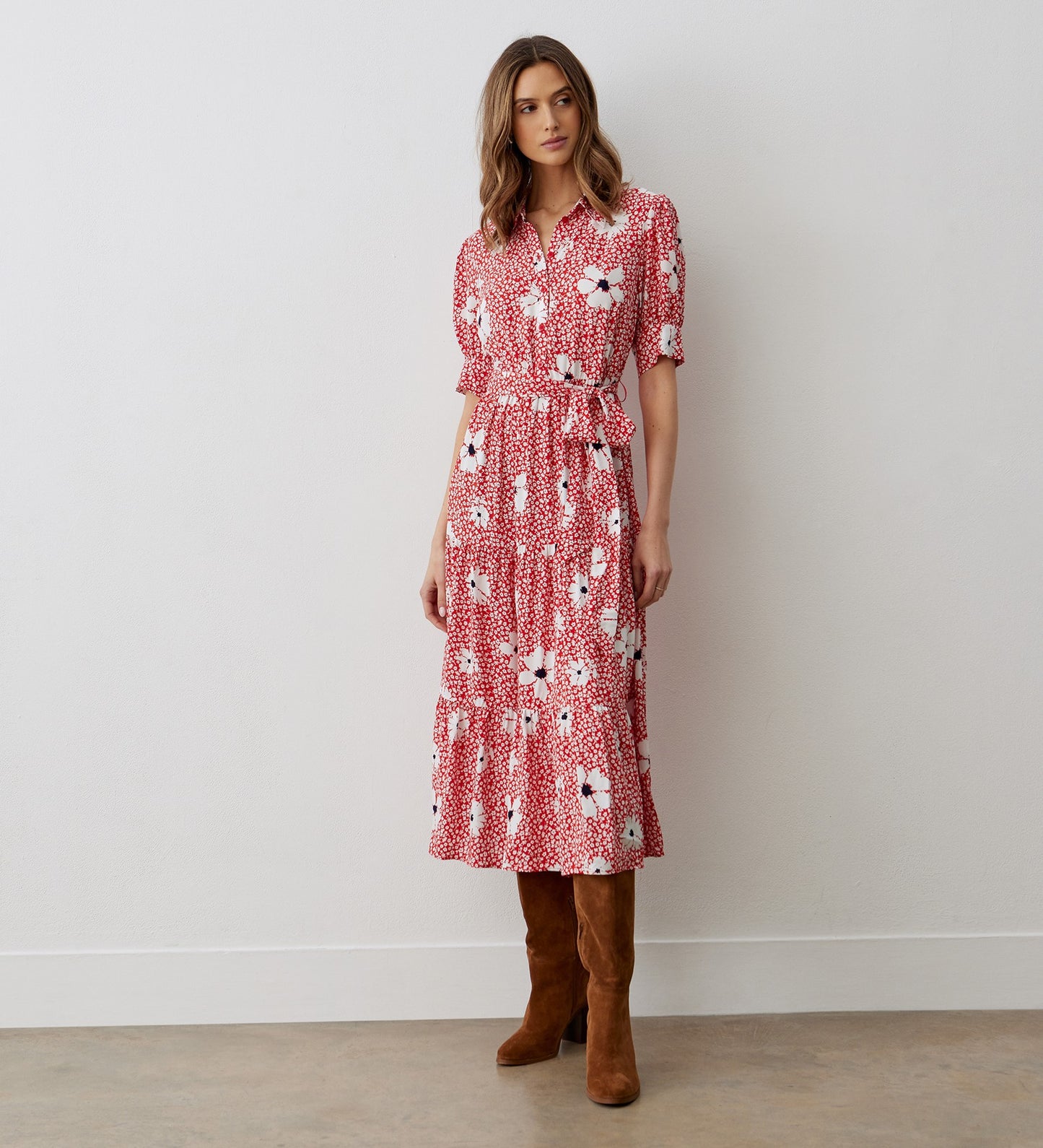 Estelle Red Flowers Midi Shirt Dress