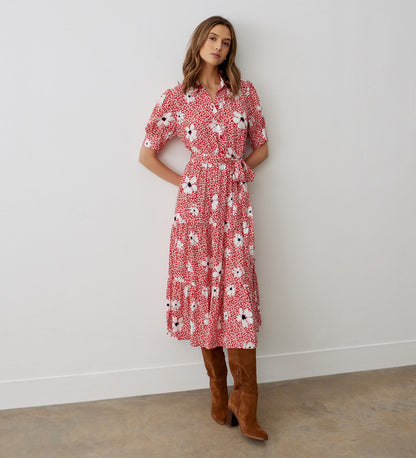 Estelle Red Flowers Midi Shirt Dress