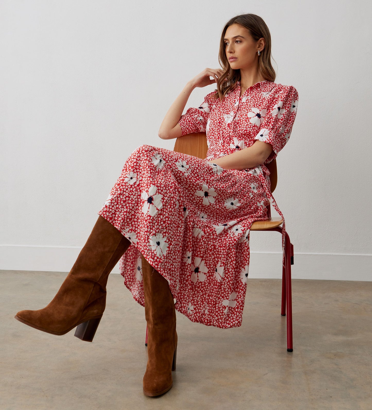 Estelle Red Flowers Midi Shirt Dress