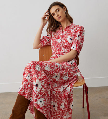 Estelle Red Flowers Midi Shirt Dress