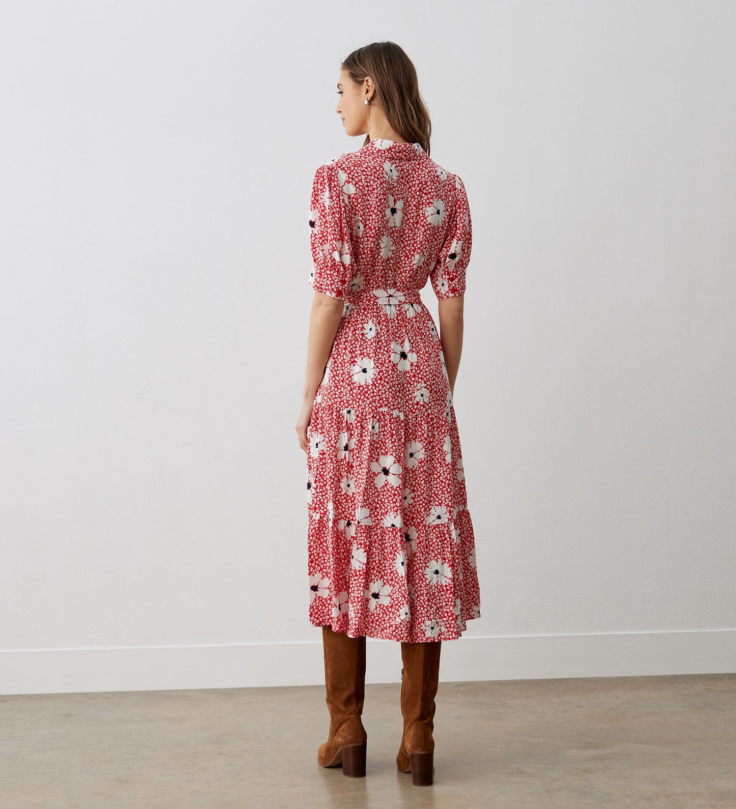 Estelle Red Flowers Midi Shirt Dress