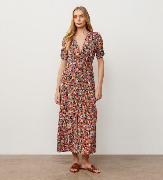 Blithe Coral Ditsy Crepe Midi Dress