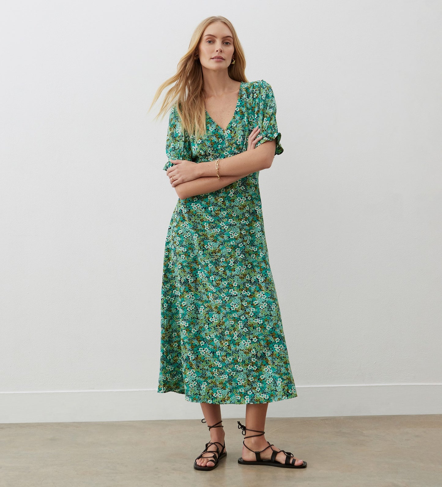 Anya Green Ditsy Crepe Midi Dress