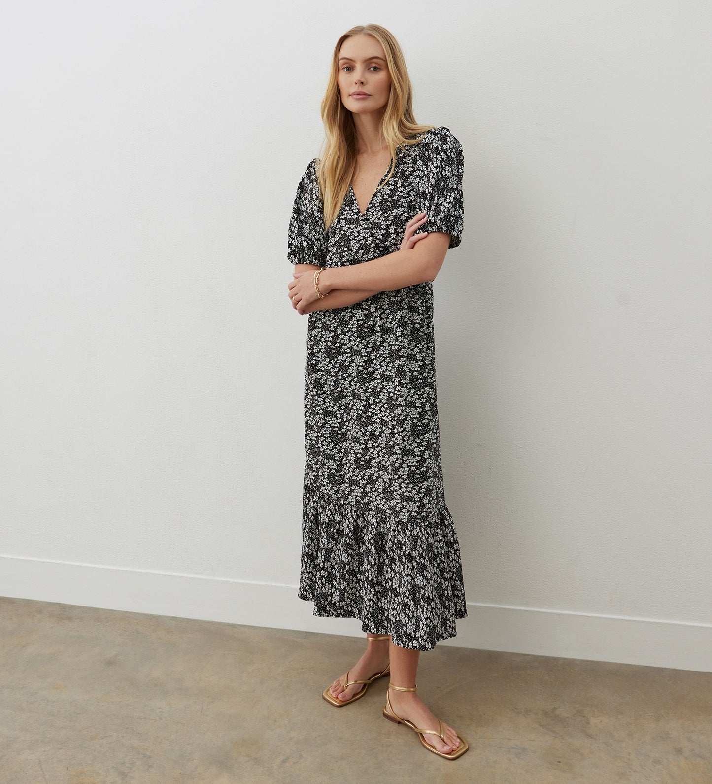 Lucy Black Floral Crepe Midi Dress